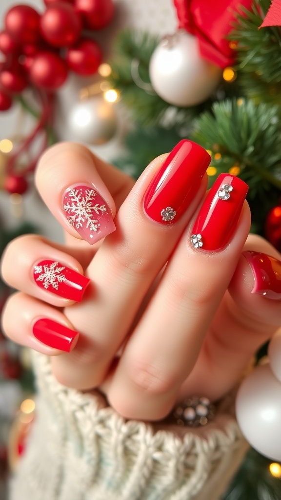 Close-up of red Christmas nails with glitter and snowflake designs on a festive background.